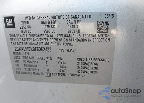 2015 GMC Terrain Sle-1 из США, поврежденный, VIN 2GKALMEK0F6363433